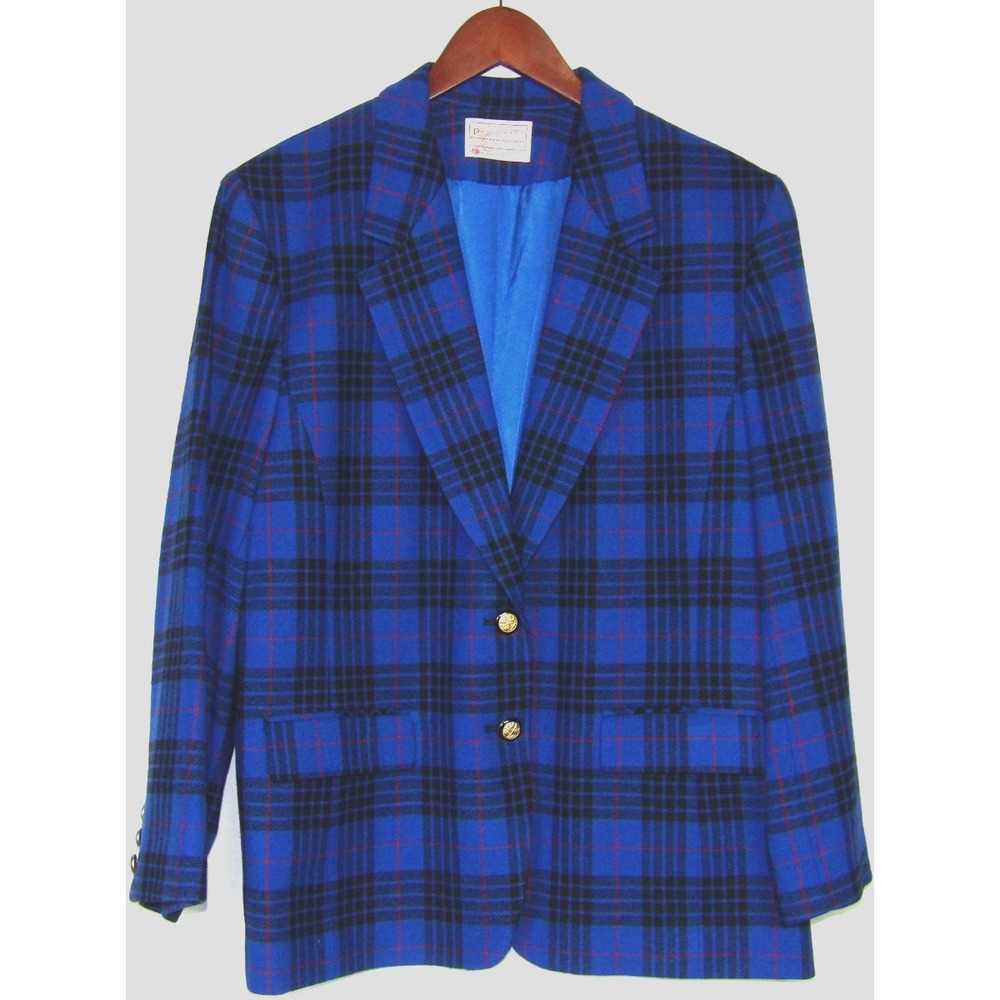 PENDLETON 100% Virgin Wool 2 Button Blue Plaid Blazer Women's Petite 16